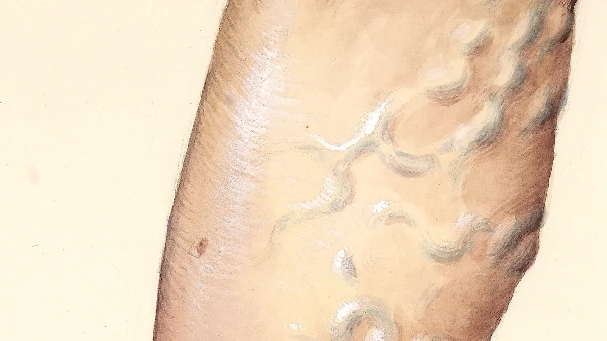 Watercolour painting of a lower leg showing twisted, raised varicose veins with skin discolouration, on a plain cream background